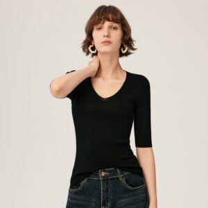 Wool sweater machine washable bottoming knitted collar sweater half sleeve women