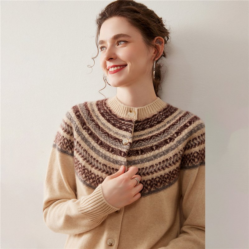 Light luxury cashmere cardigan for women Fair Isle jacquard sweater jacket round neck new knitted warm and thickened - Image 2