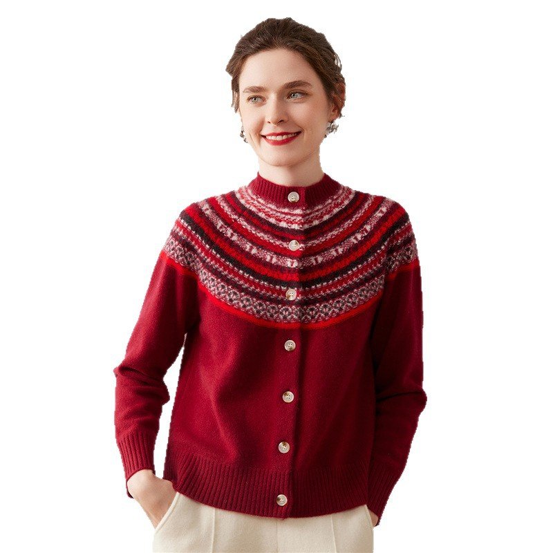 Light luxury cashmere cardigan for women Fair Isle jacquard sweater jacket round neck new knitted warm and thickened - Image 3