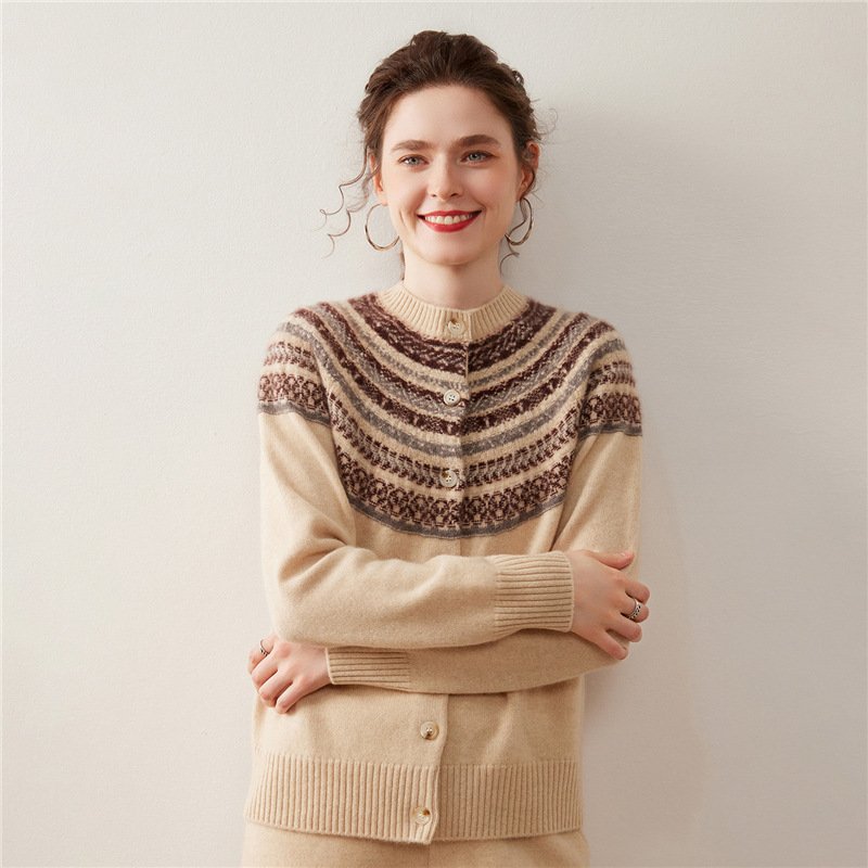 Light luxury cashmere cardigan for women Fair Isle jacquard sweater jacket round neck new knitted warm and thickened - Image 4