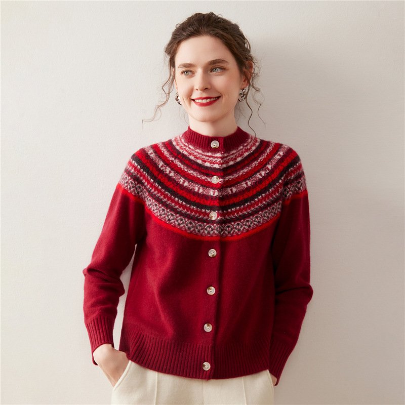 Light luxury cashmere cardigan for women Fair Isle jacquard sweater jacket round neck new knitted warm and thickened - Image 5