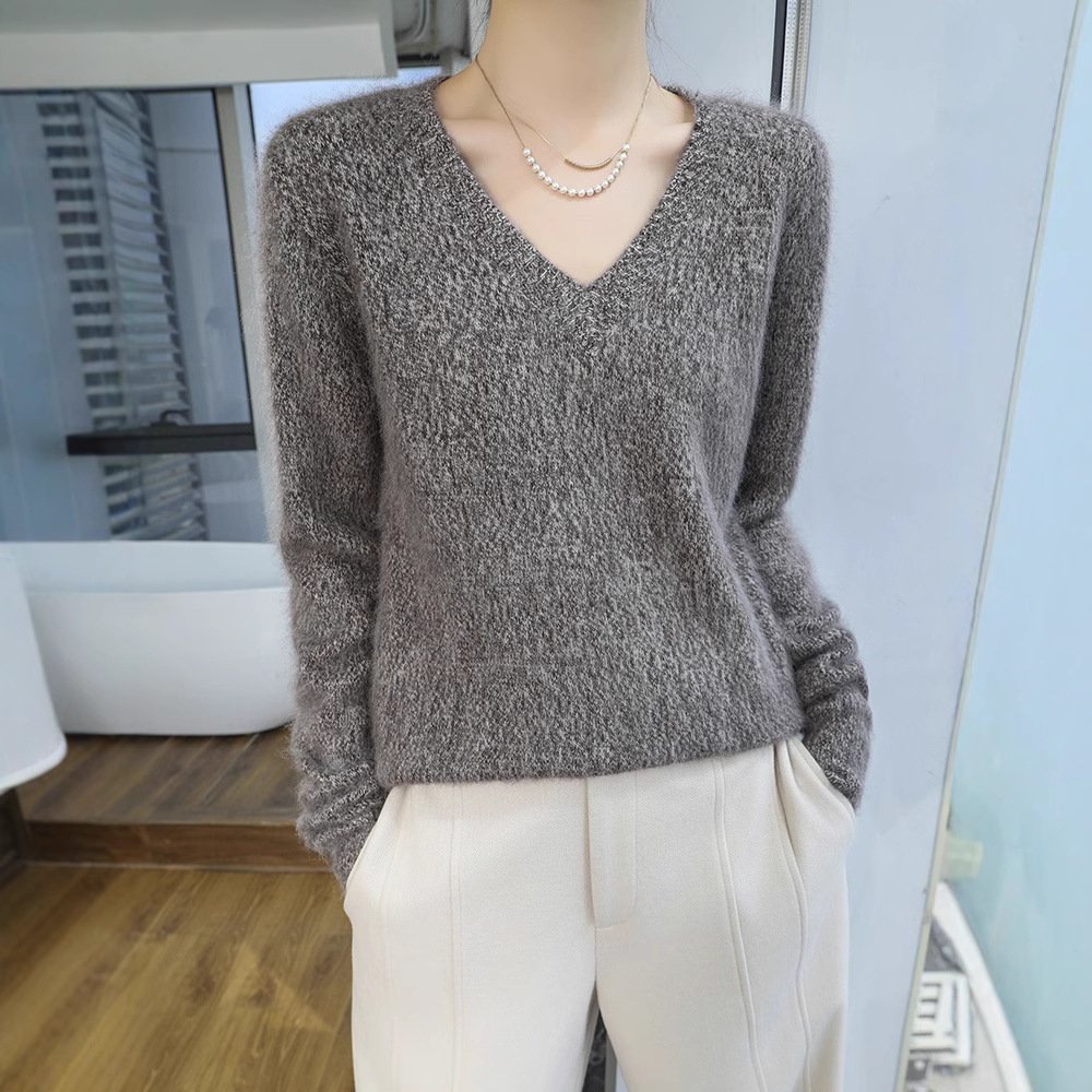 Spring and Autumn colorful gauze collar mink velvet sweater simple style loose slimming knitted bottoming shirt long-sleeved versatile knitted sweater - Image 2