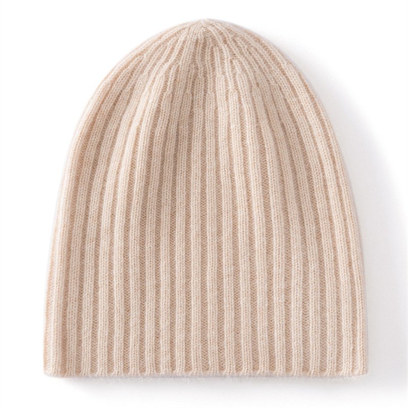 Solid color pure cashmere knitted beanie women's simple pit strip warm pullover hat versatile beige - Image 11