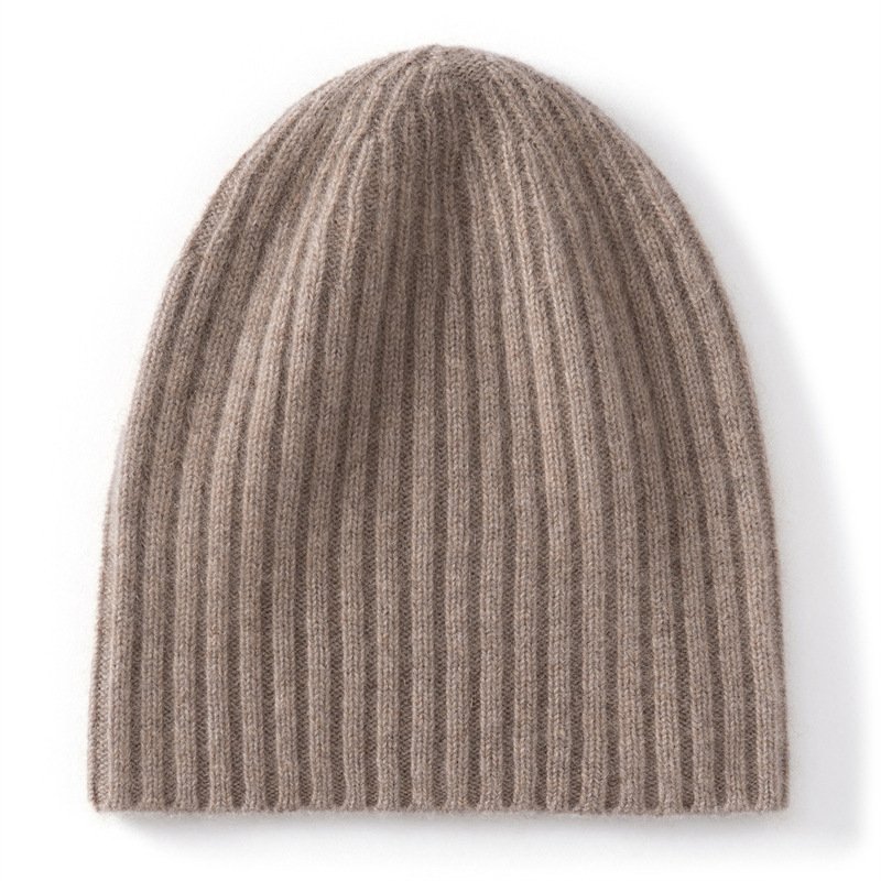 Solid color pure cashmere knitted beanie women's simple pit strip warm pullover hat versatile beige - Image 12