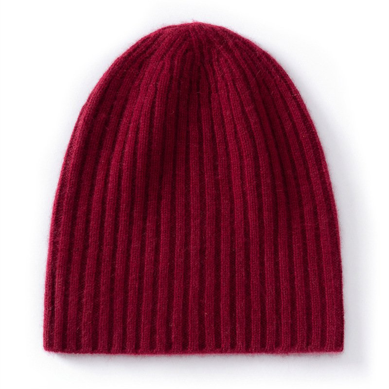 Solid color pure cashmere knitted beanie women's simple pit strip warm pullover hat versatile beige - Image 2